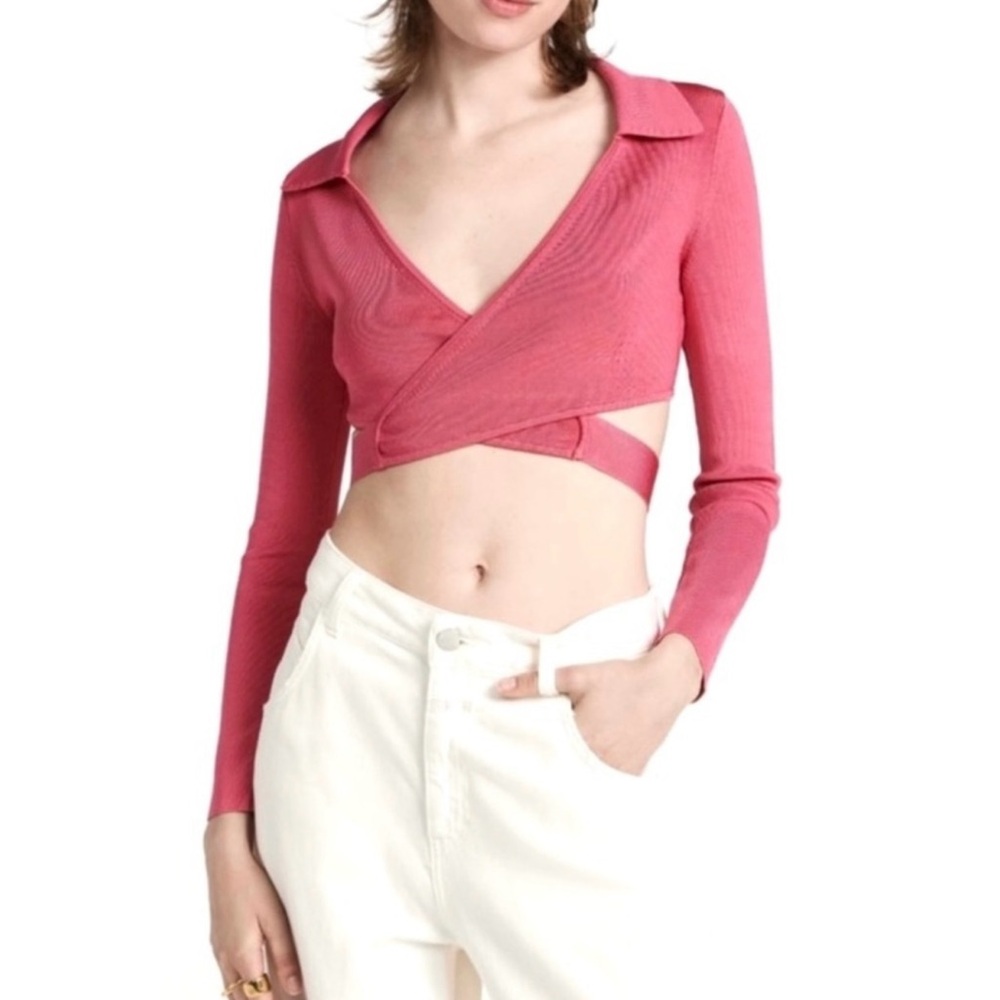NEW CULT GAIA PINK KNIT CROPPED WRAP TOP